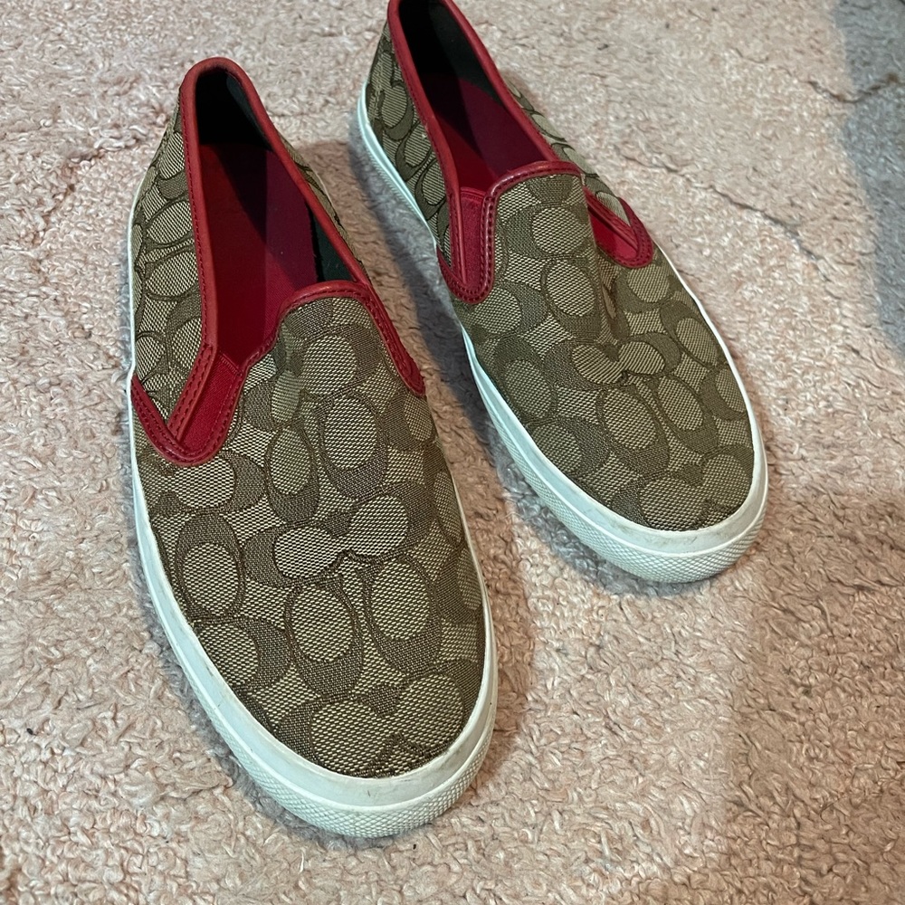 Super cute Coach slip on sneakers! Size 9, gently worn! Cute red accent color!